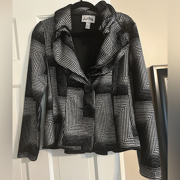 Joseph Ribkoff Black and Silver Jacket Blazer w/ ruffled collar - Picture 1 of 6